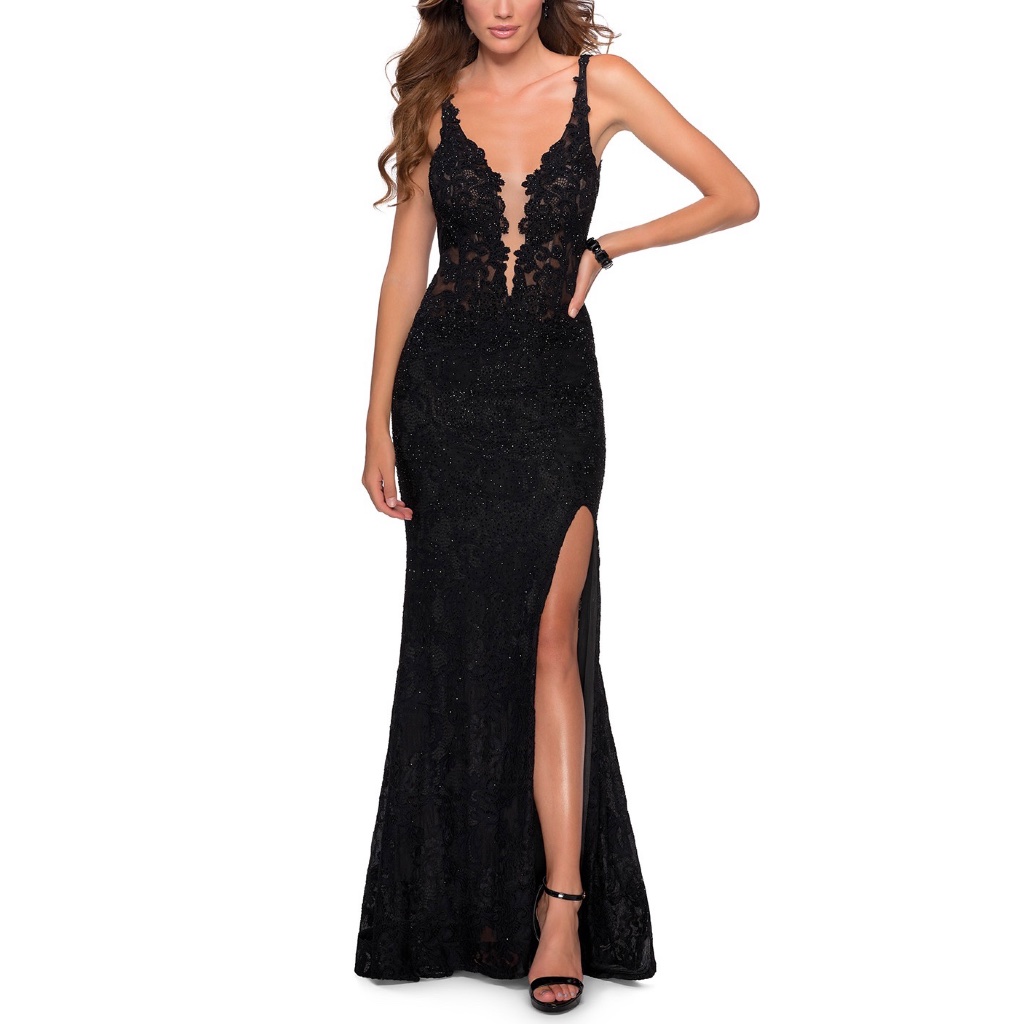 La Femme Black Lace Plunge Mermaid Gown With High Slit